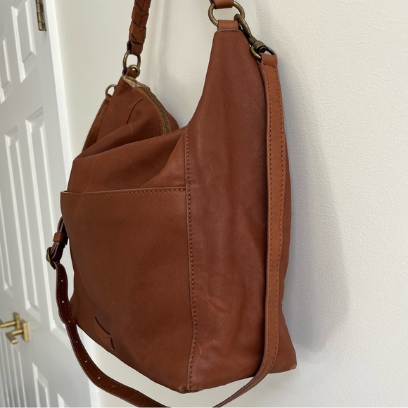 Lucky Brand Vala Brown Leather Braided Woven Strap Slouchy Hobo Shoulder Bag - Picture 4 of 11